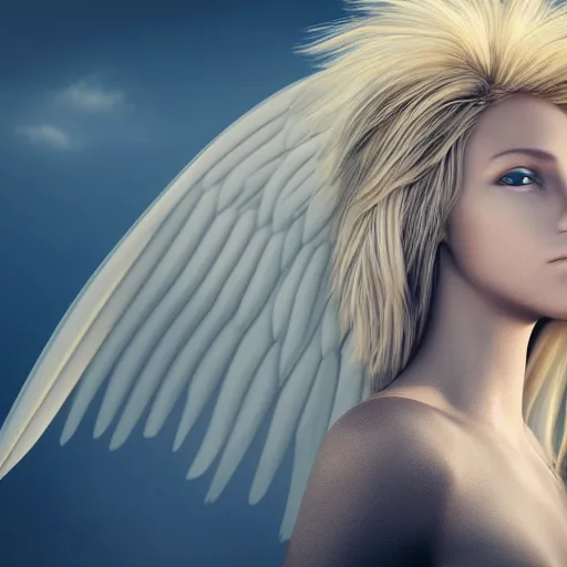 Image similar to very pretty blond female angel with large wings landing on a mountain top, shallow depth of field, moody lighting, 8 k, concept art, wide angle,