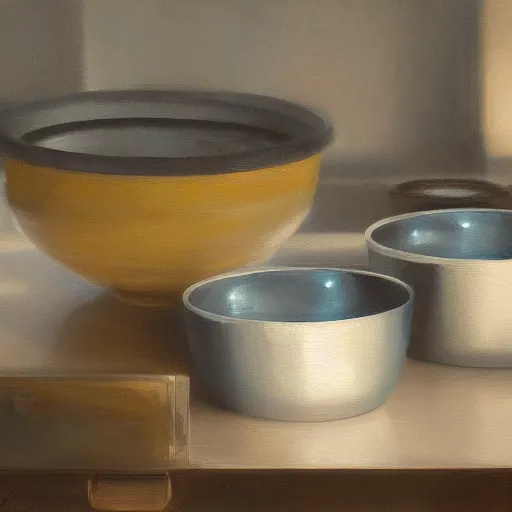 Prompt: a robotic soup bowl, oil painting, pale colors, high detail, 8 k, wide angle, trending on artstation,