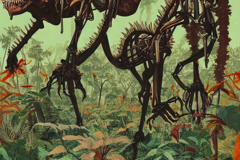 Prompt: 2 d gouache illustration, a lot of exotic vegetation, trees, tremendous skeletal robotic ancient dinosaur, flowers, oldschool vintage sci - fi flat surreal design, super - detailed, painting by satoshi kon, hd, 4 k, high quality