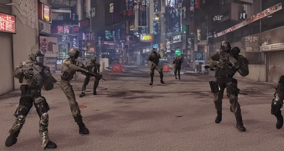 Prompt: 1989 Video Game Screenshot art of Neo-tokyo Cyborg bank robbers vs police FPS, Multiplayer set-piece Ambush, Tactical Squads :10, Police officers under heavy fire, Suppressive fire, Pinned down, Destructible Environments, Gunshots, Headshot, Bullet Holes and Anime Blood Splatter, :10 Gas Grenades, Riot Shields, MP5, AK47, MP7, P90, Chaos, Anime Machine Gun Fire, Shootout, :14 Akira style :17, Created by miHoYo + Nexon games : 20