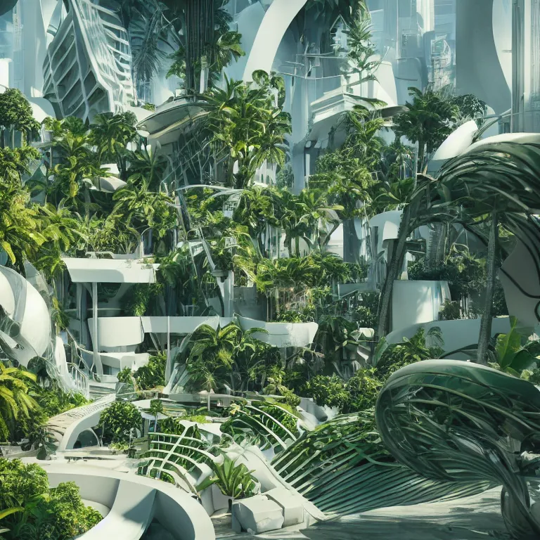 Prompt: octane render by ricardo bofill and robert hubert and weta digital and beeple, inside a sleek futuristic minimalist solarpunk chicago world's fair full of tropical plants and incredible architecture, 8 k, cinema 4 d, raytraced lighting and reflections, very sharp focus, crisp render, trending on cgsociety