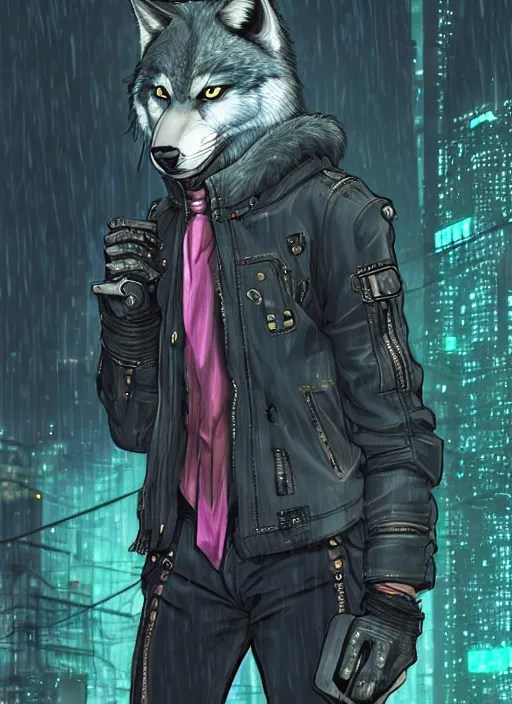 Image similar to character portrait of a male anthro wolf fursona with a tail and a cute beautiful attractive detailed furry face wearing stylish cyberpunk clothes in a cyberpunk city at night while it rains. hidari, color page, tankoban, 4K, tone mapping, Akihiko Yoshida.