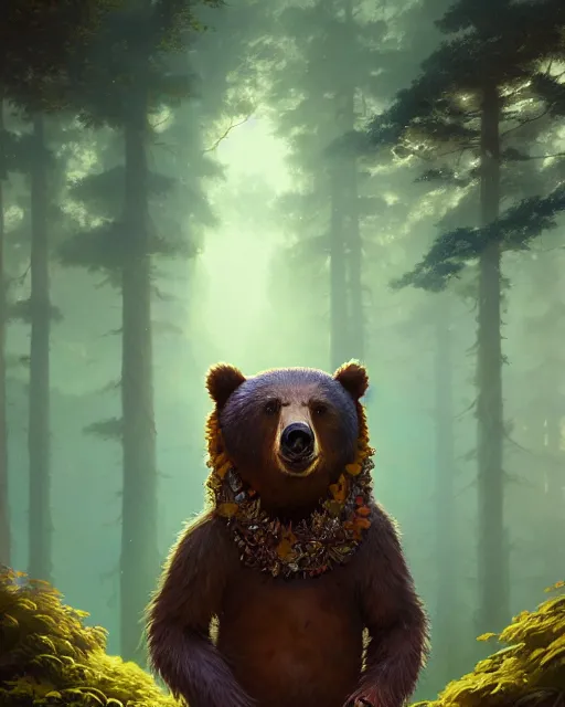 Image similar to highly detailed surreal vfx portrait of a stonepunk bear, stephen bliss, unreal engine, greg rutkowski, loish, rhads, beeple, makoto shinkai and lois van baarle, ilya kuvshinov, rossdraws, tom bagshaw, alphonse mucha, global illumination, detailed and intricate environment