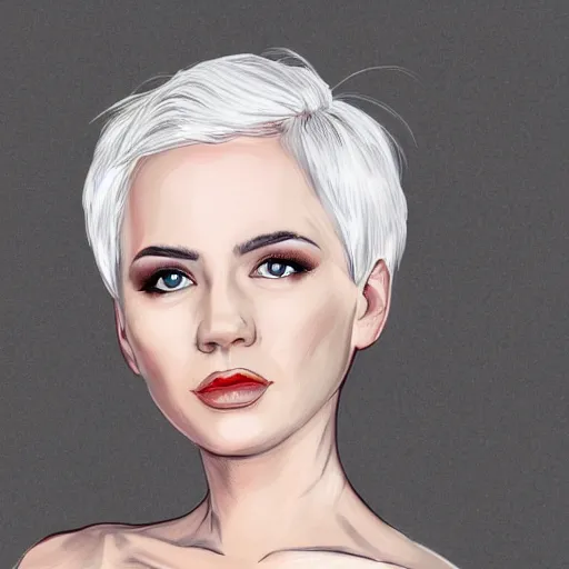 Prompt: portrait of a woman with short white hair, medium shot, illustration, highly detailed, high quality,