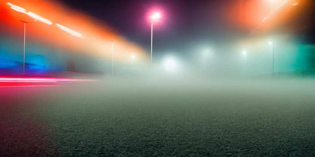 Image similar to racetrack at night in fog, colorful, mood, speed, award winning photography