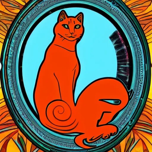 Prompt: a orange cat in virtual reality, in the style of alphonse mucha