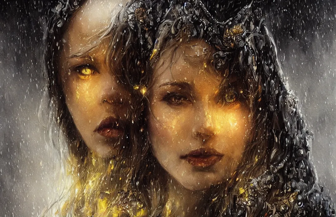 Prompt: a realistic detail portrait of a beautiful queen in middle earth, raining, mist, magic, dragon, goth by Julian calle, wlop, greg rutkowski, Finnian MacManus, Trending on artstation, black and yellow scheme, 8k, RE Engine