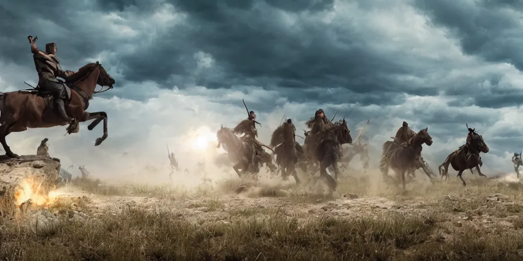 Prompt: promotional movie still rendered in 8 k hq 3 d octane ue 5, of an action shot from little bighorn, majestic action, focusing on the offset center of the scene, intense dramatic hdr, natural light, cinematic lighting, extremely high detail, photorealistic,
