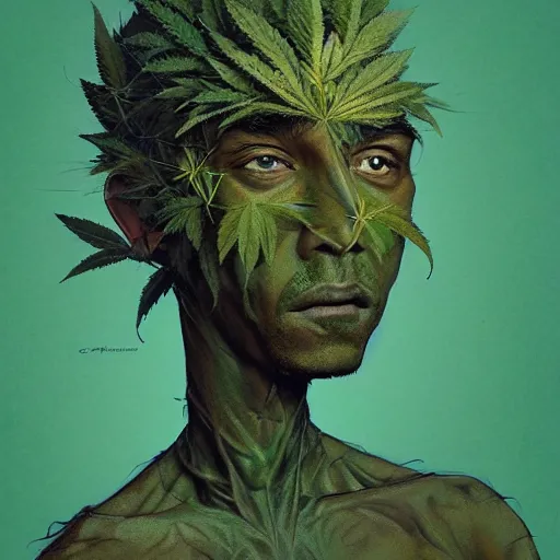 Image similar to a man made of hemp, with a head in the form of a cannabis bloom, like baby grut, green skin, character, art by james jean and greg rutkowski!!, realistic face, digital art, chibi style, golden ratio, perfect composition, trending on artstation, 8 k