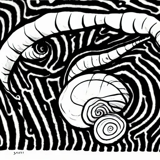 Image similar to a snail by Junji Ito, highly detailed, black and white