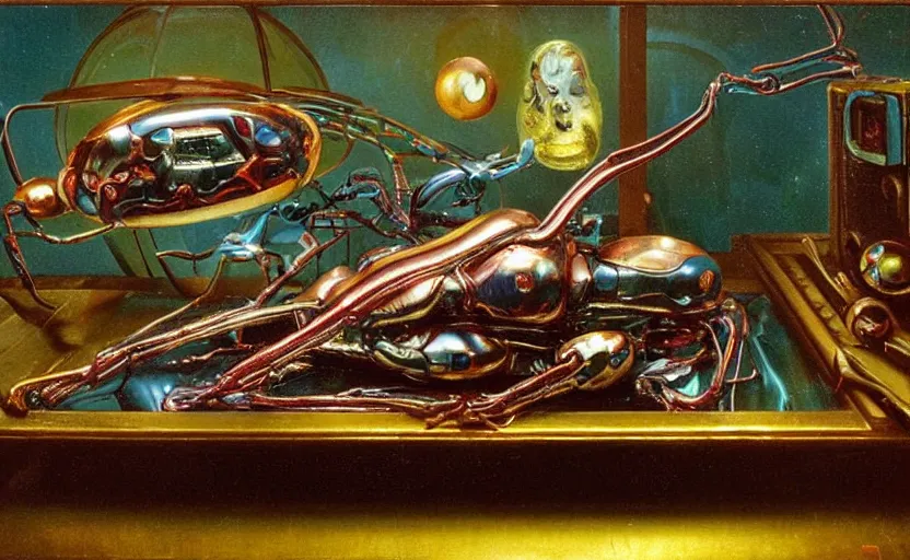 Image similar to strange futuristic robot body, disturbing colorful oil painting dutch golden age vanitas still life sparse composition with bizarre intricate tiny objects strange gooey transparent surfaces shiny metal reflections bizarre mutant meat insects rachel ruysch dali todd schorr very detailed perfect composition rule of thirds masterpiece canon 5 0 mm, cinematic lighting, photography, retro, film, kodachrome