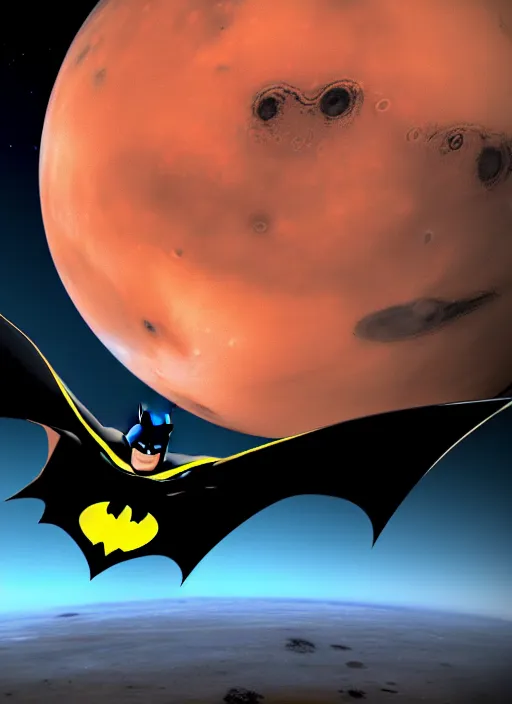 Image similar to ultra realistic batman flying over mars, detailed, 8 k,