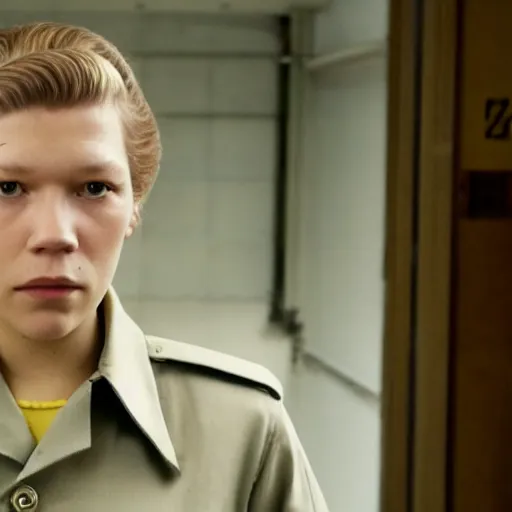 Image similar to Lea Seydoux as a prison guard in a french prison in a Wes Anderson Movie