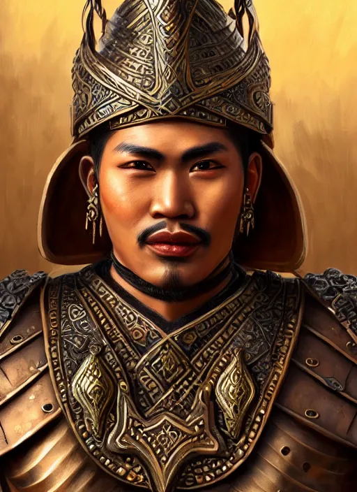 Image similar to smart tai warlord, closeup portrait, historical, ethnic group, sukhothai costume, bronze headset, fantasy, intricate, with leather armor cross on bare chest, tai body tattoo, elegant, loin cloth, highly detailed, oil painting, artstation, concept art, matte, sharp focus, illustration, hearthstone, art by earl norem