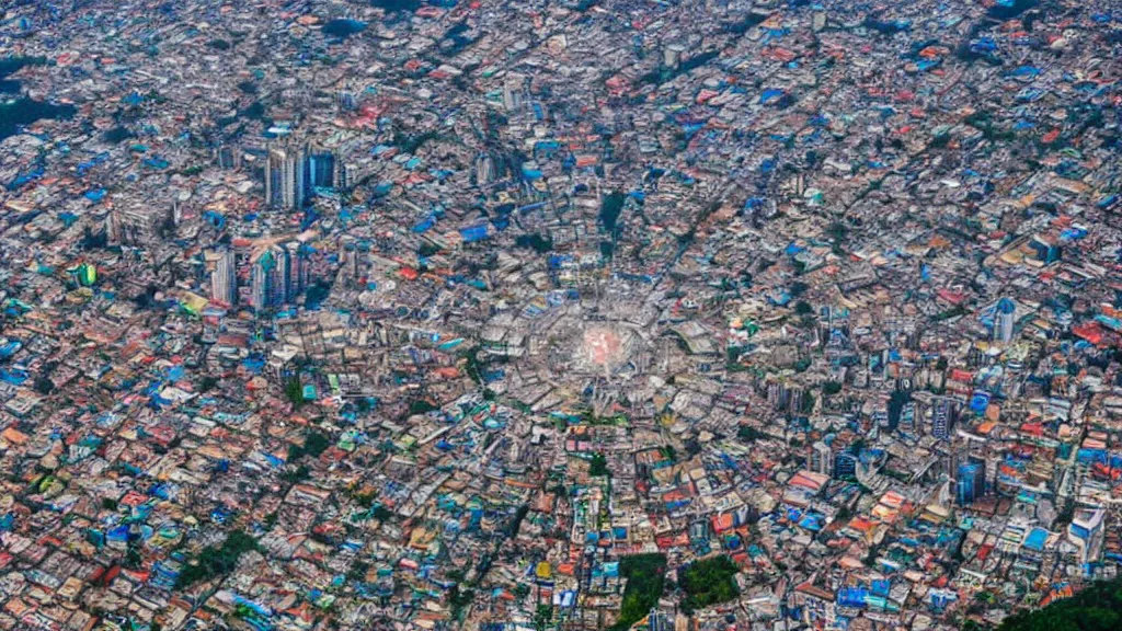 Image similar to remarkable airplane view of a cyberpunk mayan city in guatemala which helds a million cultivated people and it is graced by a huge sacred futuristic temple