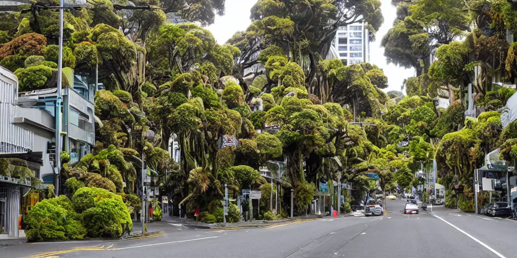 Image similar to a city street in wellington, new zealand but the buildings are interspersed with enormous ancient rimu trees full of epiphytes with birds perching amongst the leaves.