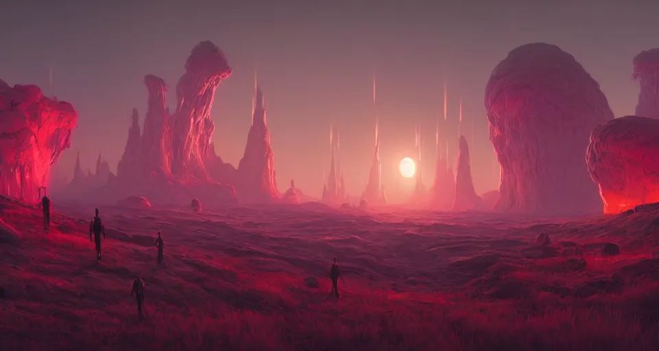 Image similar to an amazing alien landscape, digital art, breathtaking, hyperrealistic, dynamic lighting, ember particles, unreal engine, rendered by simon stålenhag, rendered by Beeple, Makoto Shinkai, syd meade, environment concept, octane render, 4K UHD image