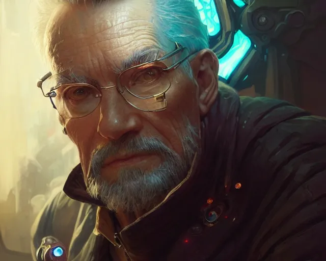 Image similar to oldman with cyberpunk implants, deep focus, d & d, fantasy, intricate, elegant, highly detailed, digital painting, artstation, concept art, matte, sharp focus, illustration, hearthstone, art by artgerm and greg rutkowski and alphonse mucha