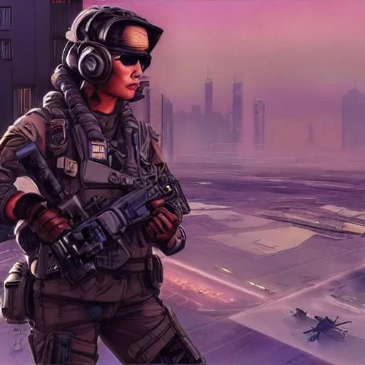 Image similar to Maria. USN special forces futuristic recon operator, cyberpunk headset, on patrol in the Australian neutral zone, deserted city landscape, skyline lit by flares. 2087. Concept art by James Gurney and Alphonso Mucha