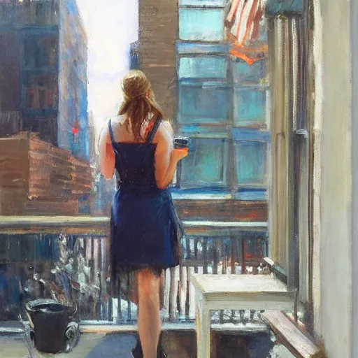 Image similar to “ back view of a girl holding a cup of coffee leaning out of a window overlooking the east village in new york city, morning light, by daniel gerhartz ”