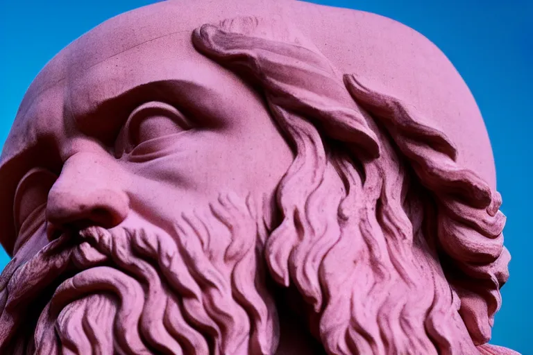 Prompt: a photograph of one socrates statue thinking deeply with a pink sky in the background, hyper realistic, dramatic angle, 8 k