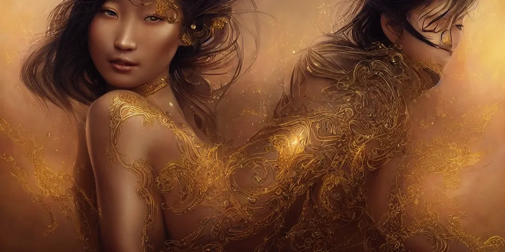 Image similar to asian nymph goddess, of bliss flowing golden silk twisting with elegant tattoos of cursive golden inked sigils on her opalescent skin, fantasy, intricate, very beautiful, elegant, golden light, highly detailed, art by artgerm and greg rutkowski and peter mordenbacher