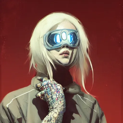 Image similar to very cool girl white hair girl with mask, streetwear, techwear, cyberpunk style outfit, full body, nose piercing, detailed portrait, intricate complexity, by greg rutkowski, cushart krentz, artgerm, ross tran, conrad roset, takato yomamoto, ilya kuvshinov. 4 k, beautiful, cinematic dramatic atmosphere, portrait lighting