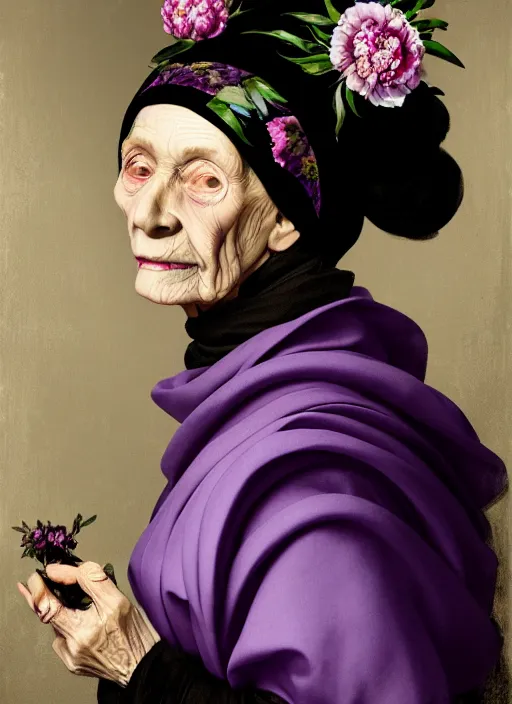 Image similar to portrait of a old year woman with a headscarf a dress of bones and many peonies snake smoke, purple colour scheme, full length, masterpiece, dark background, art by caravaggio, artstation