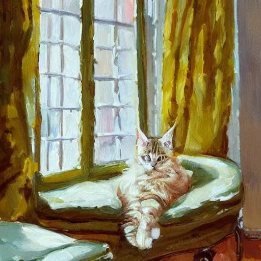 Prompt: cream color maine coon cat curled up, bay window sofa, by Antoine Blanchard