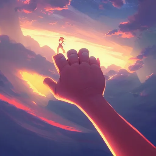 Image similar to a hand reaching out to another hand, behance hd by jesper ejsing, by rhads, makoto shinkai and lois van baarle, ilya kuvshinov, rossdraws global illumination ray tracing hdr radiating a glowing aura