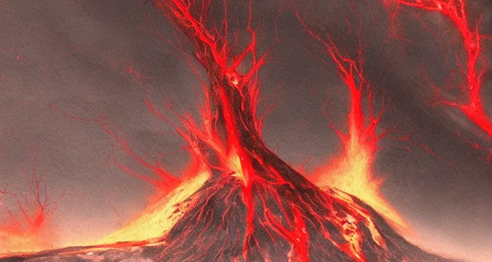 Image similar to a volcano made of ivory vines and crimson rocks enters in eruption, it spits a smoke in the shape of demonic eye, by D&D Concept Artists