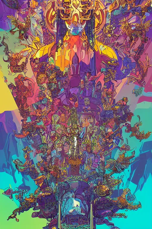 Image similar to hierarchy of the different kings as seen at the royal palace vector illustration vivid multicolor borderlands comics by josan gonzales and dan mumford radiating a glowing aura
