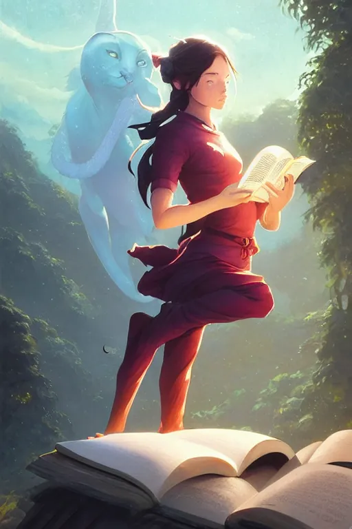Image similar to highly detailed portrait of beautiful girl reading a book in avatar, dynamic pose, stephen bliss, unreal engine, fantasy art by greg rutkowski, loish, rhads, ferdinand knab, makoto shinkai and lois van baarle, ilya kuvshinov, rossdraws, tom bagshaw, global illumination, radiant light, detailed and intricate environment