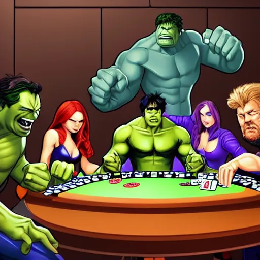 Prompt: The Avengers playing Texas Hold'em Poker at a round table, Hulk going all in, trending digital art, artstation