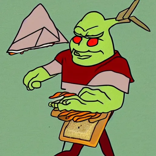 Image similar to Pyramid head shrek trying to eat a sandwich