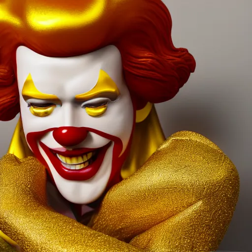 Image similar to A still of Ronald McDonald surrounded by gold and diamonds, Award-winning, photograph, 3d render, unreal engine, 4k detailed