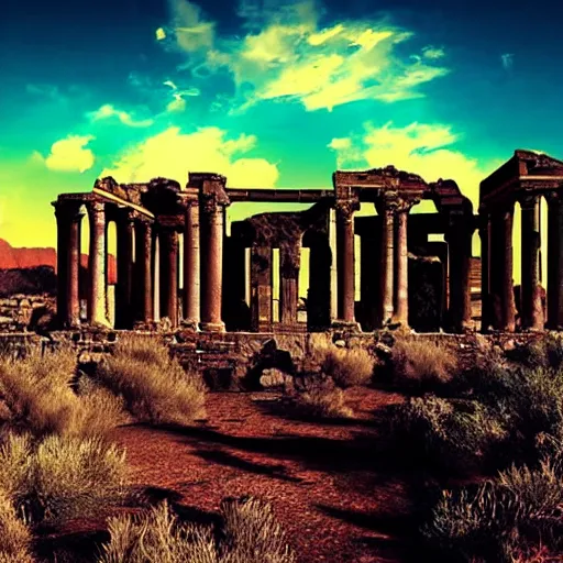 Prompt: Ancient ruins in the desert,retrowave, epic dramatic digital art,trending