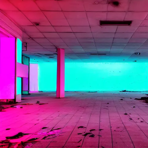 Image similar to high contrast photo of abandoned mall with bright pink and turquoise neon lights, wide angle lens