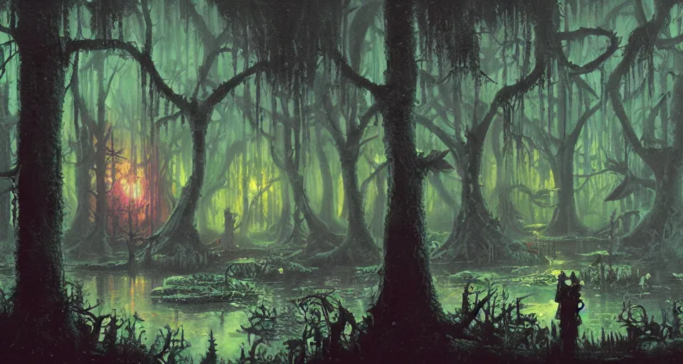 Image similar to A dense and dark enchanted forest with a swamp, by PAUL LEHR ,