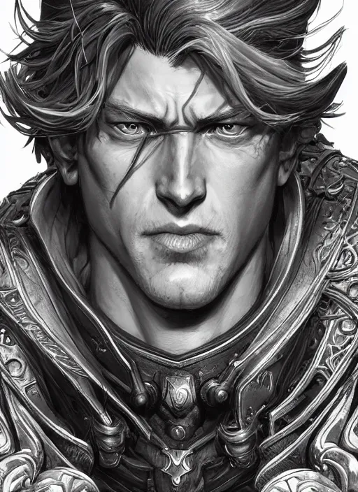 Prompt: close up portrait of anduin wrynn, powerful, domineering, stoic, masterful, intense, ultrafine hyperdetailed illustration by kim jung gi, irakli nadar, intricate linework, sharp focus, octopath traveler, yoji shinkawa, highly rendered, detailed, concept art