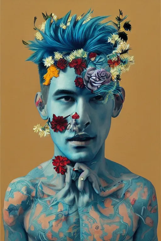 Image similar to a painting of a man with blue hair and flowers on his chest, a surrealist painting by james jean, trending on cgsociety, pop surrealism, androgynous, grotesque, angular