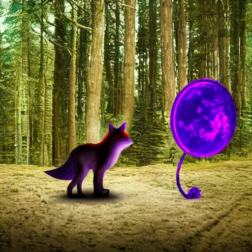 Image similar to a purple fox with a long fluffy and shiny coat sits in the forest on a ufo flying saucer. super realistic photo. clear details