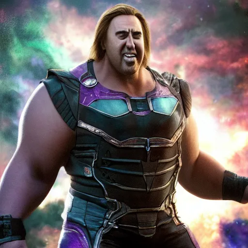 Image similar to a fat nic cage playing thanos hd digital photography, movie still