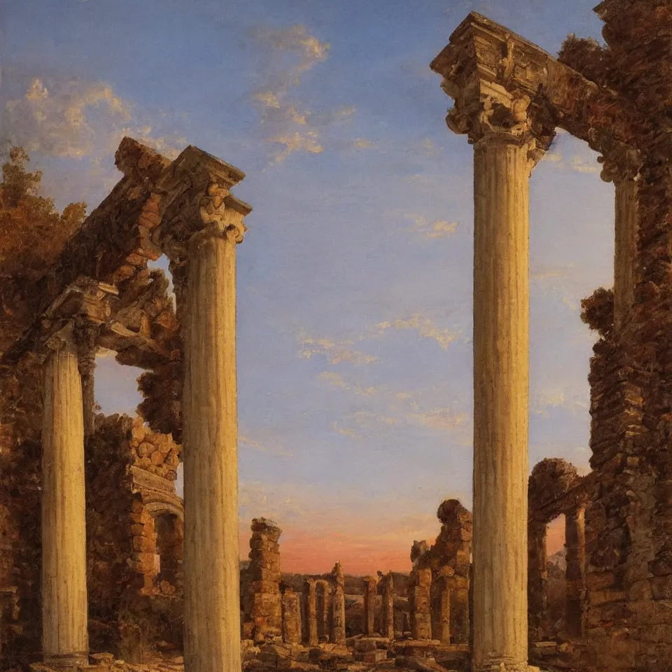 Prompt: Roman columns and ruins at sunset, painted by Ippolito Caffi, golden hour