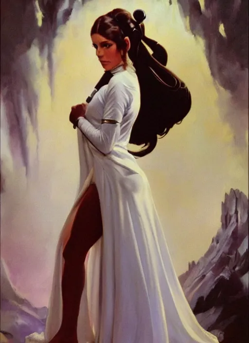 Image similar to oil painting of Princess Leia white ceremony gown by frank frazetta alluring pin up deviant art