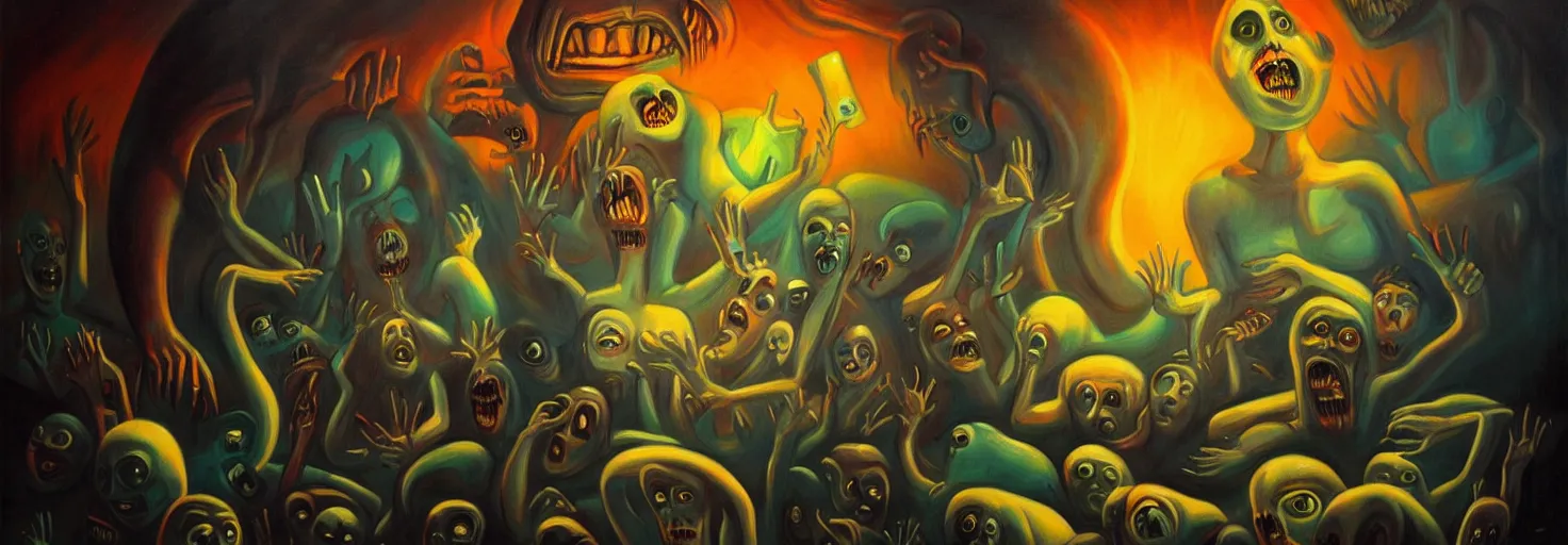 Image similar to visceral freaky obsessive monsters from the darkest depths of collective unconscious, dramatic glowing lighting, 1 9 3 0 s fleischer cartoon characters, wild emotional expressions - surreal painting by ronny khalil