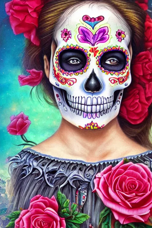 Image similar to Illustration of a sugar skull day of the dead girl, art by Gilbert Williams