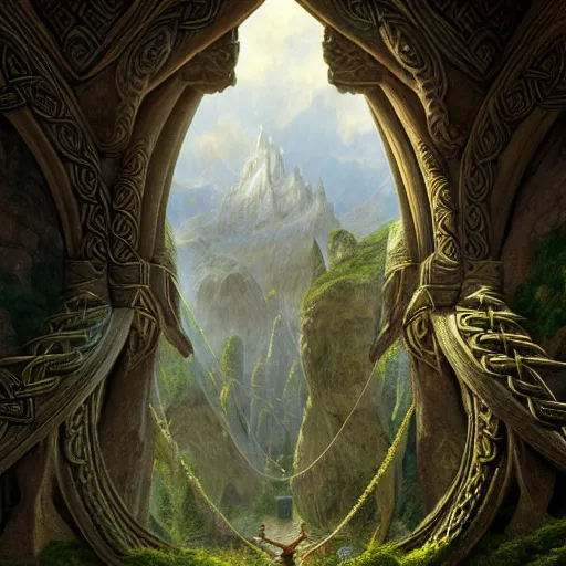 Prompt: a beautiful and highly detailed matte painting of an elven palace carved out of a mountain, celtic knots, epic scale, insanely complex, hyperdetailed, sharp focus, hyperrealism, artstation, cgsociety, 8 k, by caspar friedrich, albert bierstadt, james gurney, brian froud,