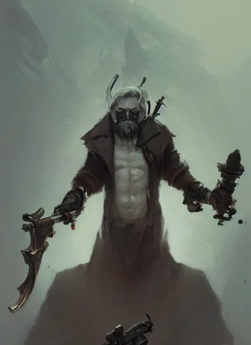 Image similar to low angle picture of a weapon master, holding a ego weapons to the camera, long black jacket, neat white beard and hair, scar on the eye, bored, tired, ego weapons all over the floors, smoking with squat down pose, highly detailed face, deep eyes, intricate, masterpiece, fantasy illustrations by peter mohrbacher and anato finnstark and jeremy lipking