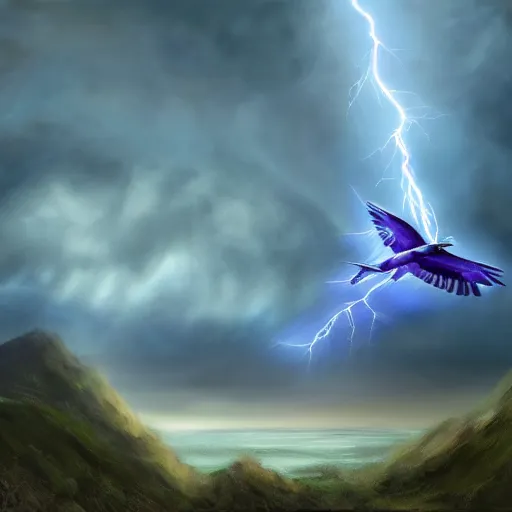 Image similar to Mythical Blue and Purple Thunderbird Flying Through a Heavy Thunderstorm over a Tropical Island, Dark Clouds, Lightning, Epic Fantasy, Digital Art Trending on Artstation